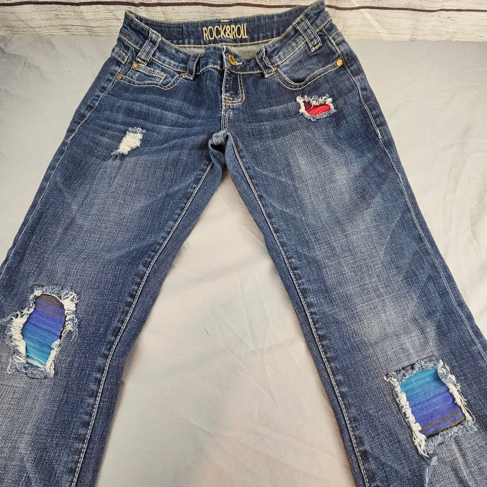 Rock & Roll Cowgirl 28x34 Rival Low Rise Bootcut Patch Distressed Jeans L745